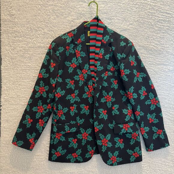 Tipsy Elves Holiday Men's 48 J Holly Berry Blazer Striped Tie. Discontinued Rare - Picture 1 of 6